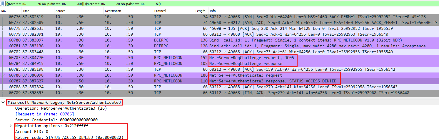Рисунок 17. Попытка неуспешной эксплуатации уязвимости Zerologon с помощью эксплойта