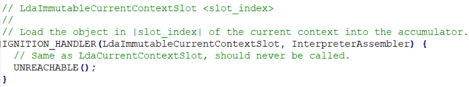 Рисунок 9. Описание инструкции байткода LdaImmutableCurrentContextSlot в файле interpreter-generator.cc