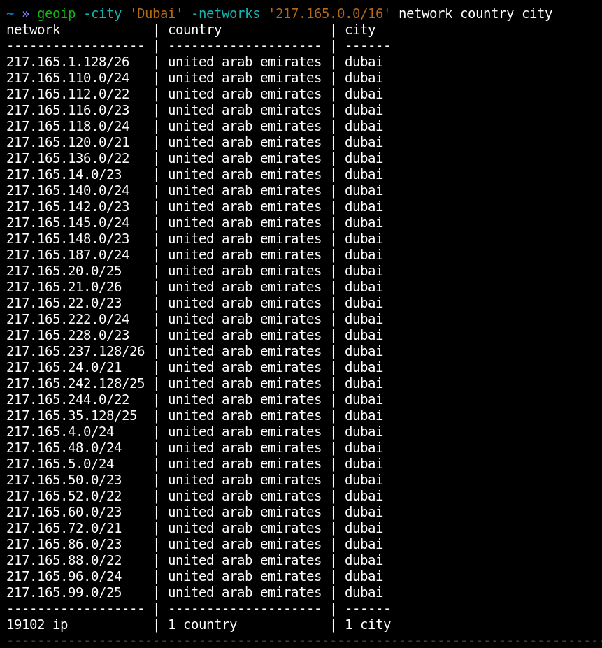 Рисунок 3. Поиск сетей по CIDR и городу