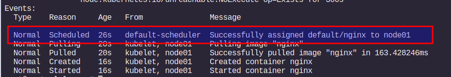 В событиях видно, что Pod будет запущен на node01