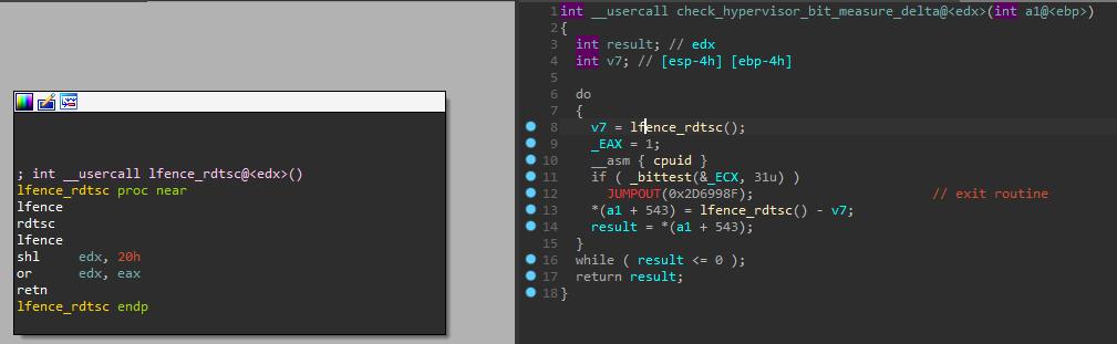 Рисунок 7. Замер времени выполнения CPUID и проверка бита гипервизора в регистре ECX (SHA-256 — b44b66a528c6cc9f395cf656a336edd3e763744529cbd3eab845f7ef371d6535)  