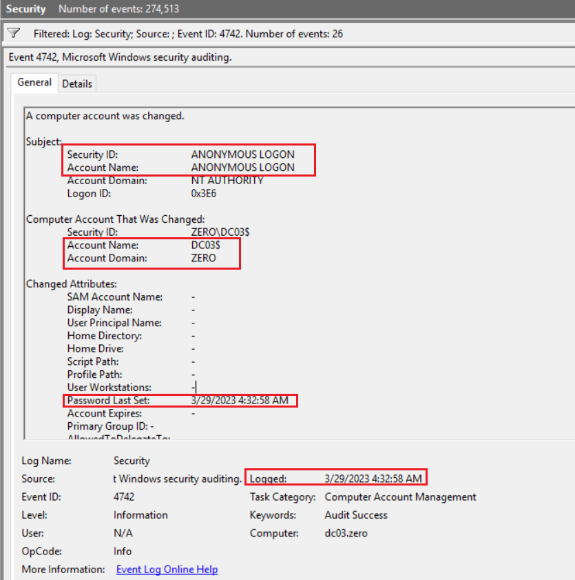 Рисунок 26. Событие модификации компьютерной учетной записи (а именно смена пароля)