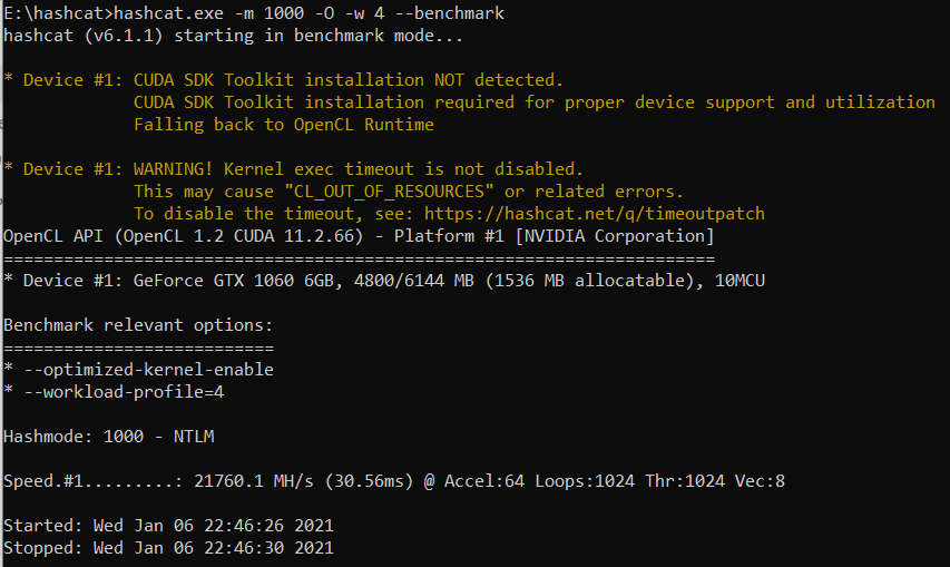 Пример успешного запуска утилиты hashcat в режиме benchmark 