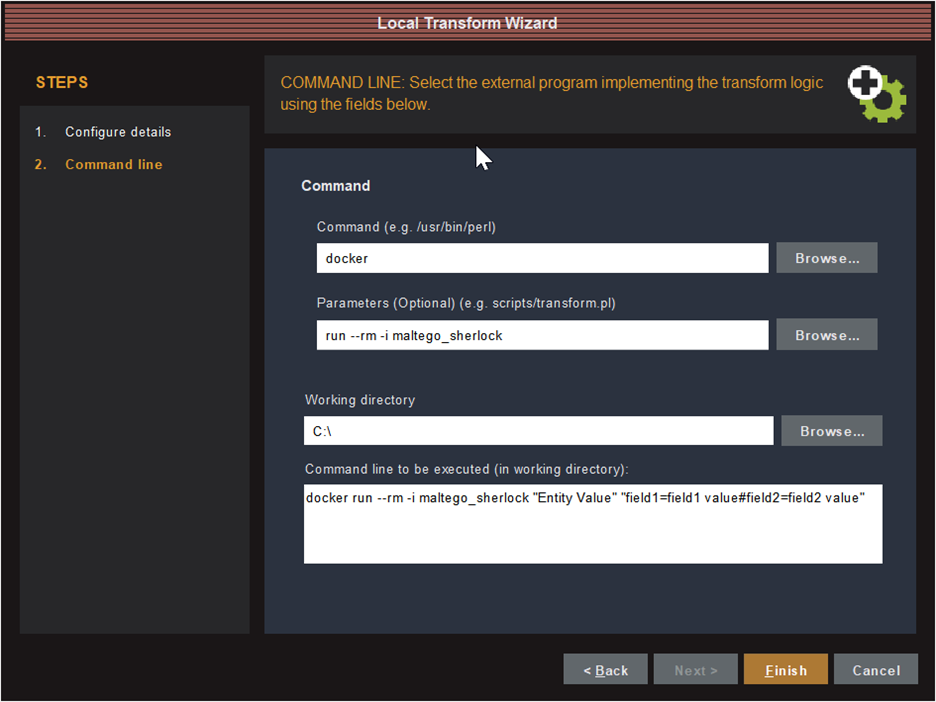 Maltego Local Transform Wizard Command