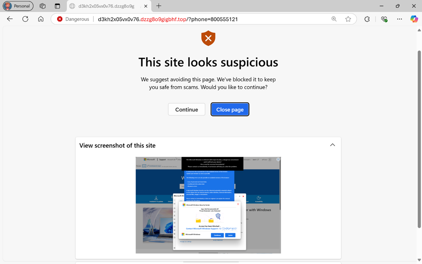 The scareware blocker page in Edge. It shows a message saying that the page was blocked, allows the user to either continue or close the page, and shows a screenshot of the page.