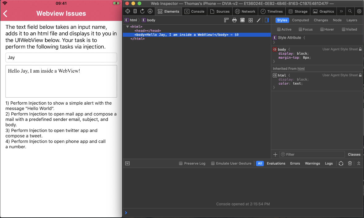 Подключение к DVIA-v2 через Web Inspector