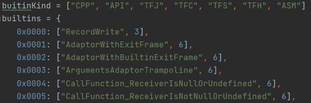 Рисунок 7. Перечисление builtinKind и начало массива встроенных функций builtins