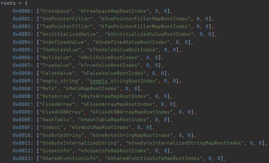 Рисунок 4. Первые элементы массива roots_ объекта Heap в движке V8