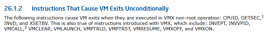 Рисунок 1. Инструкции, всегда вызывающие выход в гипервизор (Intel® 64 and IA-32 Architectures Software Developer’s Manual Volume 3 (3A, 3B, 3C, & 3D): System Programming Guide)  