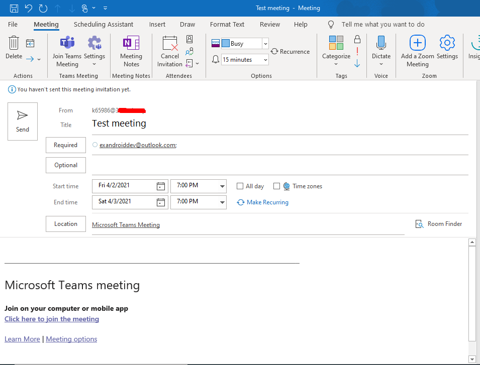 Создание встречи в Outlook