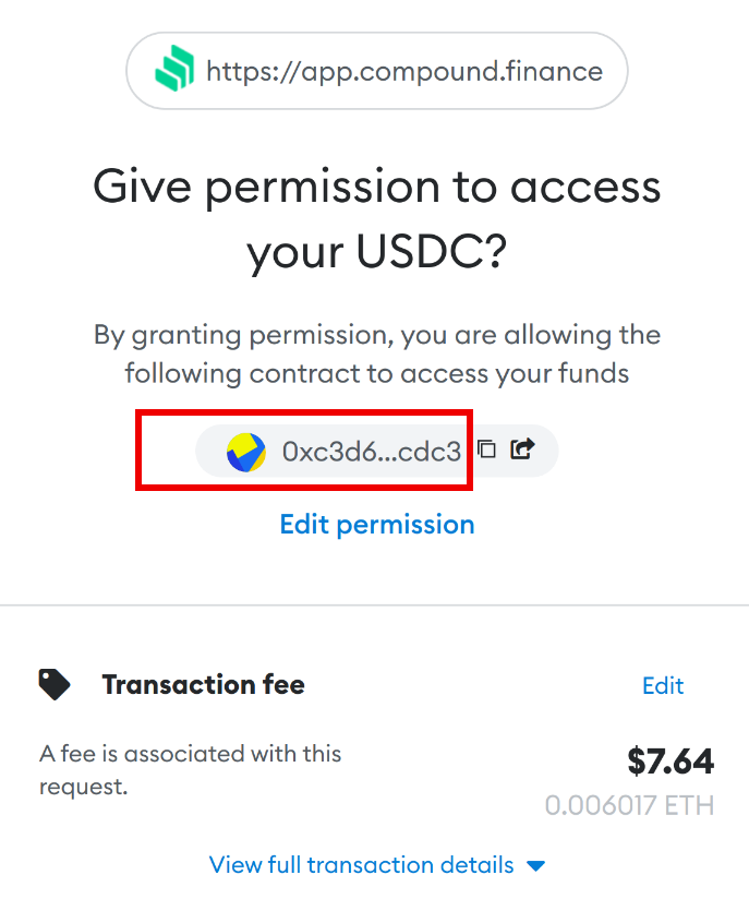 Рисунок 2. При подтверждении транзакции MetaMask показывает адрес не полностью