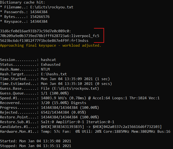 Пример успешно подобранных паролей