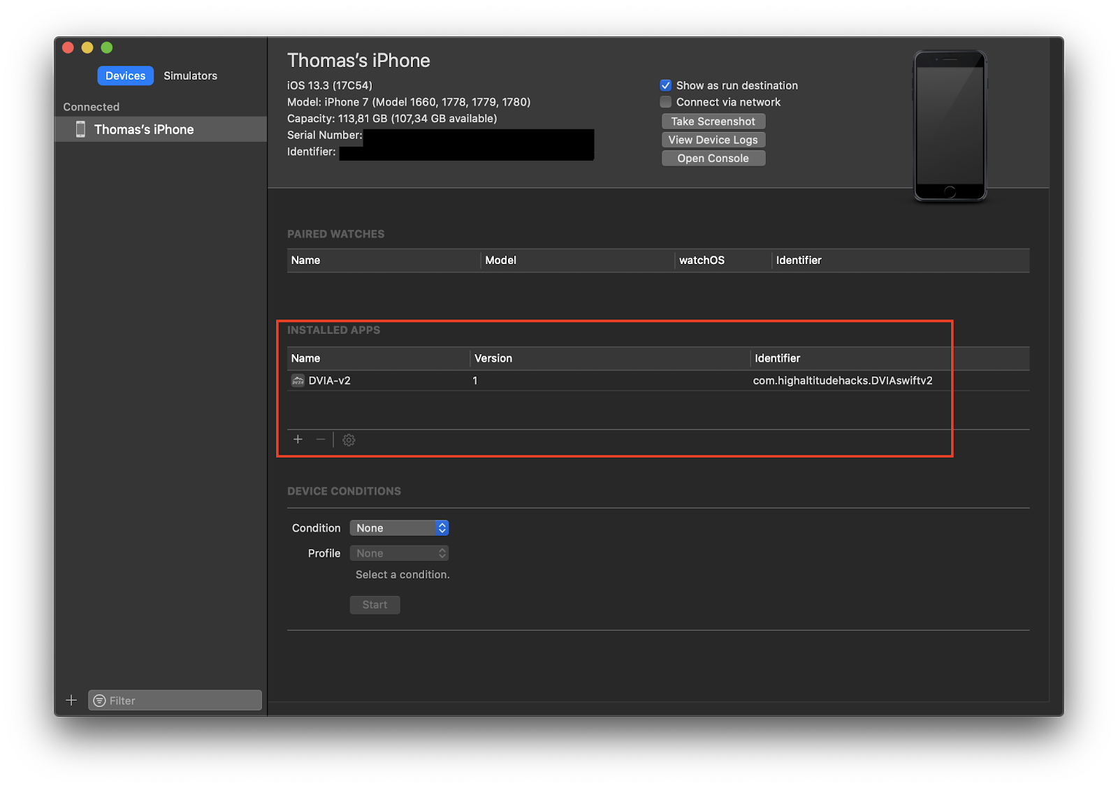 Пример установки приложения через Xcode (Window — Devices and Simulators)