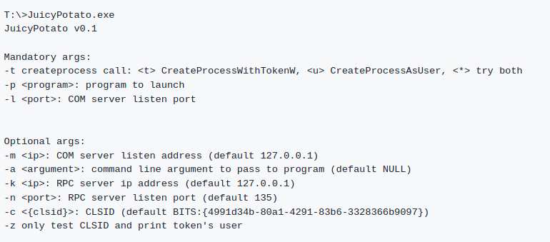 Рис. 5: опции для запуска Juicy Potato.