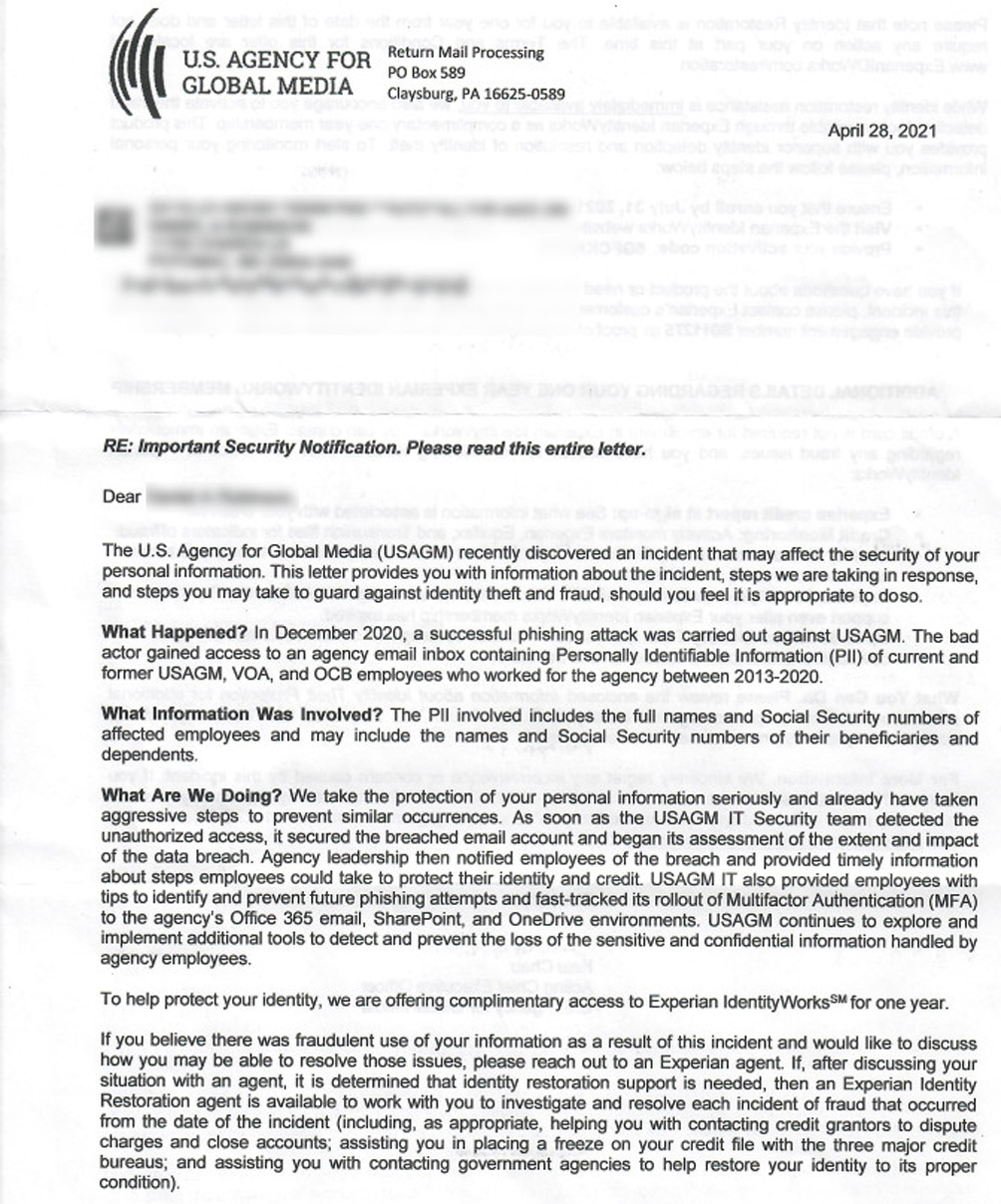 Data breach notification sent by USAGM