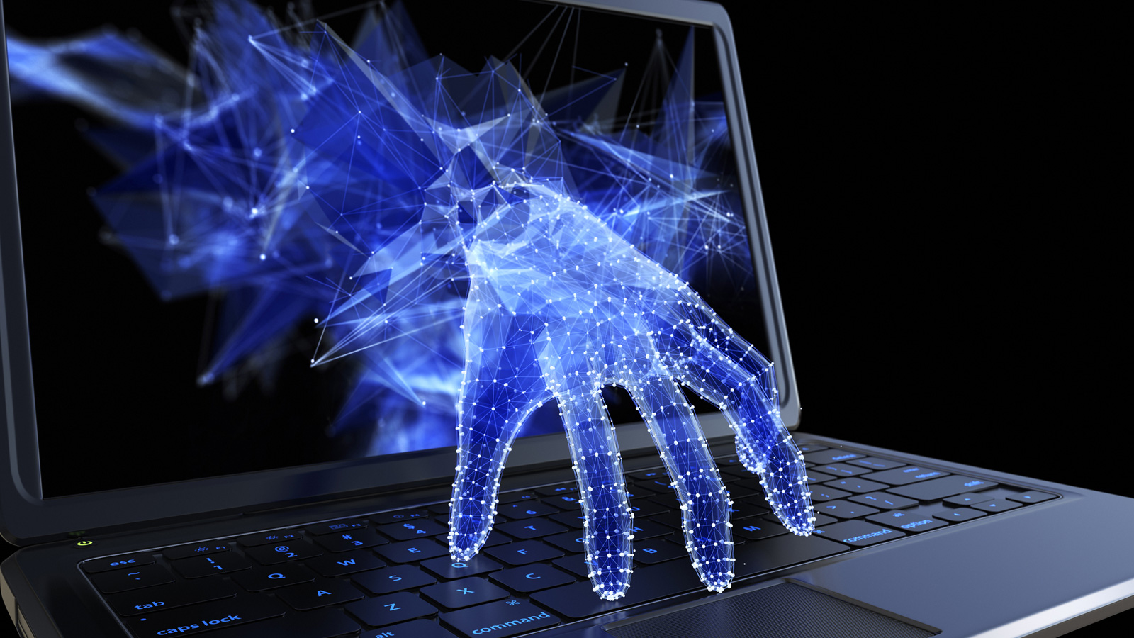 Рука, протягивающая руку через экран ноутбука