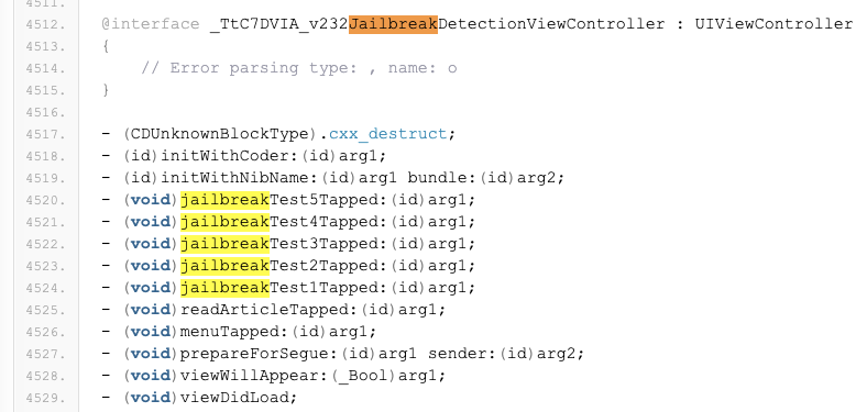 Поиск по слову jailbreak в выводе утилиты class-dump для приложения DVIA-v2