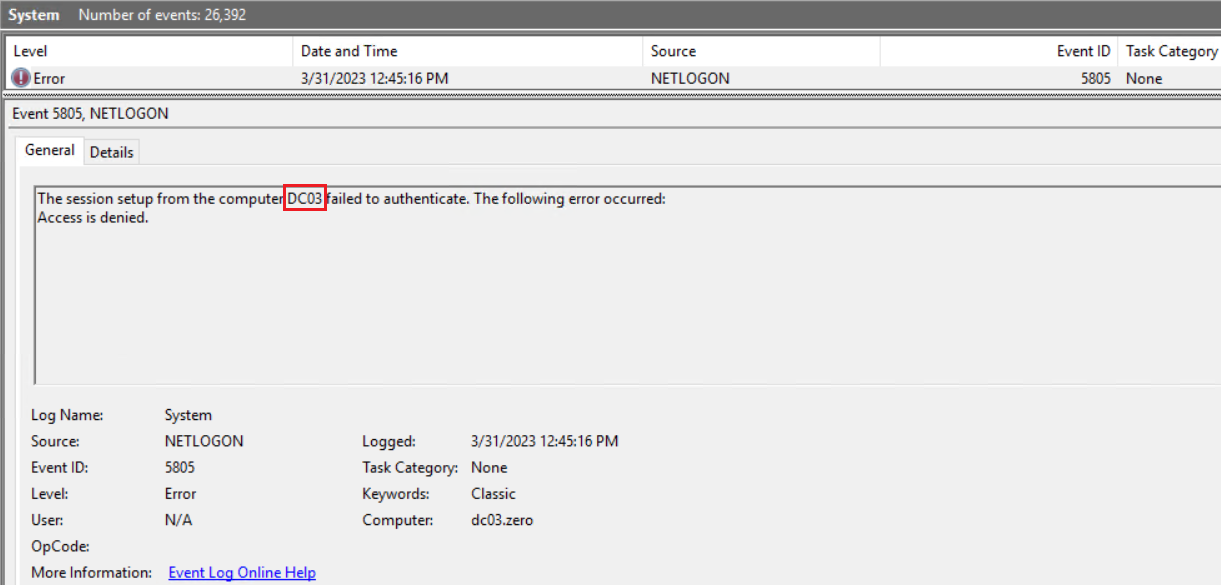 Рисунок 29. EventID 5805 c иным значением EventData