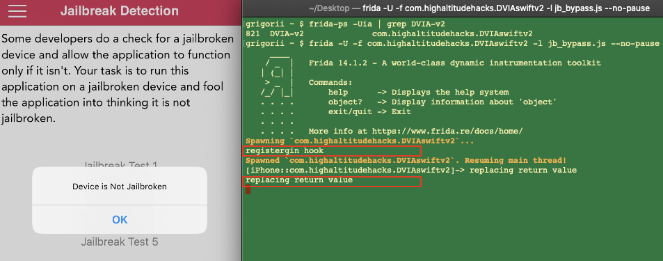 Обход простого обнаружения джейлбрейка с помощью Frida