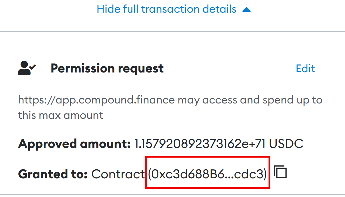Рисунок 5. При нажатии View full transaction details показывается неполный адрес контракта