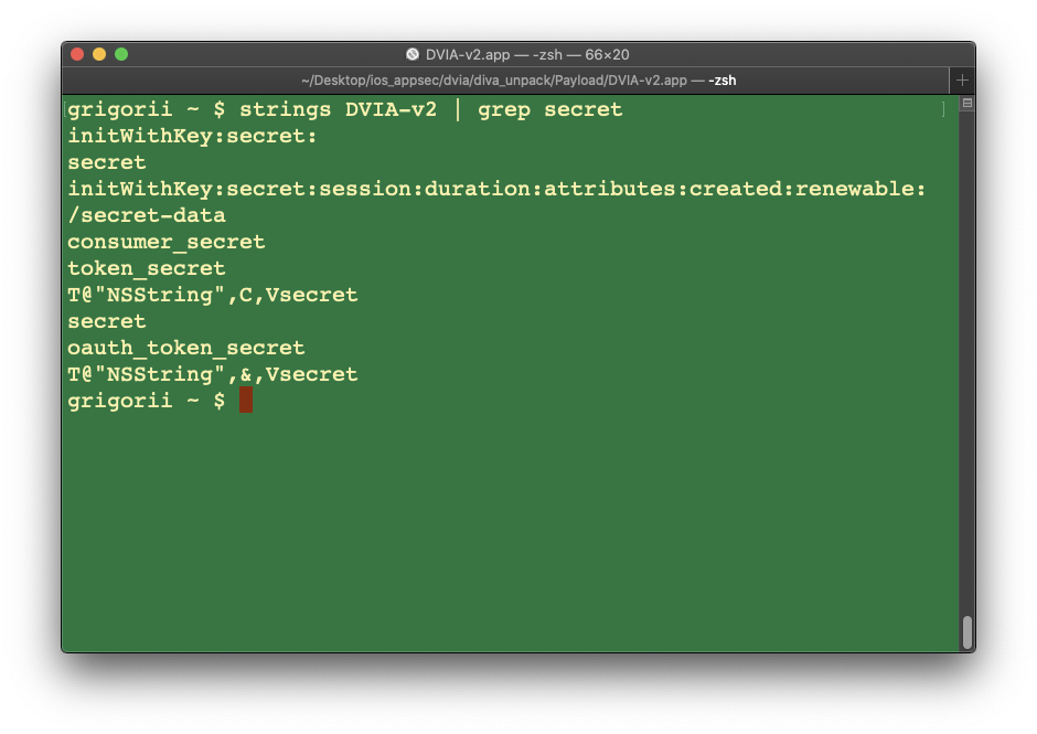 Поиск по слову secret в строковых константах приложения DVIA-v2