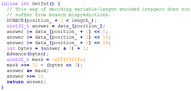 Рисунок 12. Функция чтения числа, сохраненного в формате variable-length encoded в файле snapshot-source-sink.h