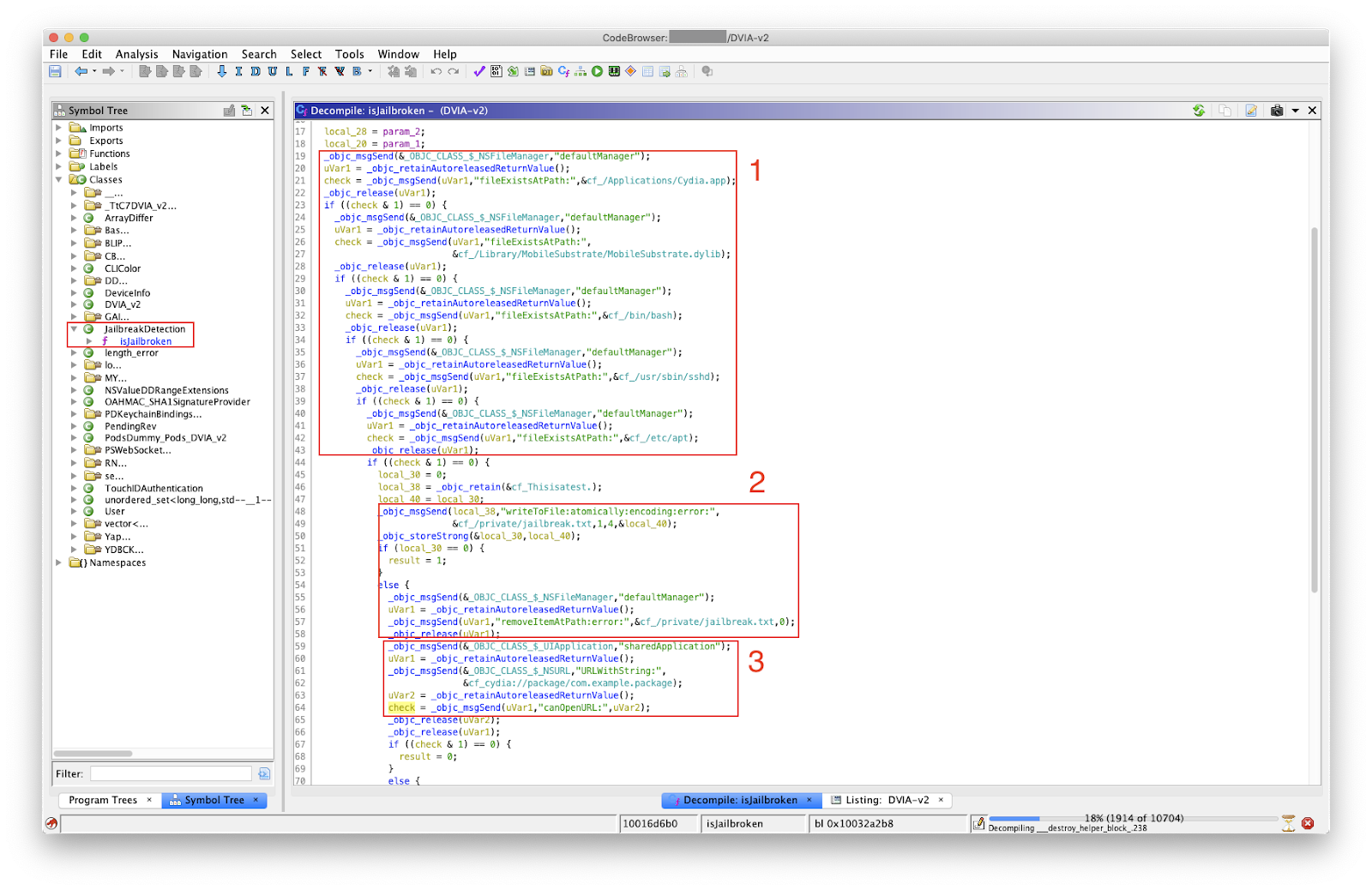 Декомпилированный код проверки на джейлбрейк в Ghidra
