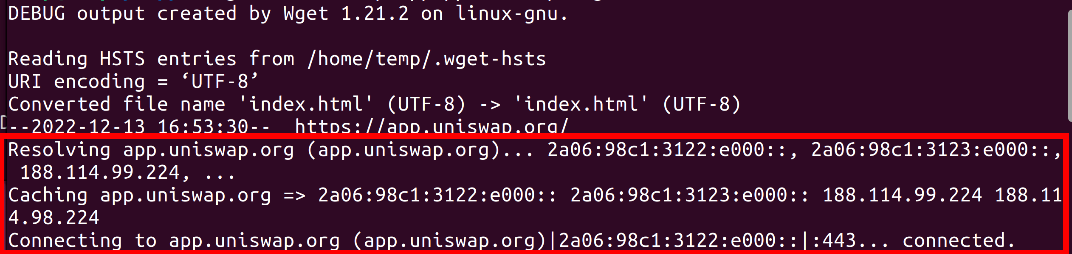 Рисунок 12. Из-за приоритета IPv6 над IPv4 утилита Wget обращается к сайту только по IPv6