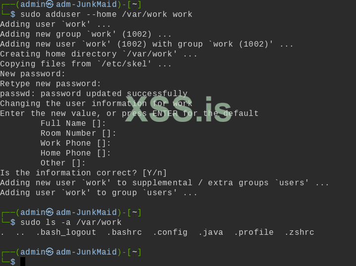 sudo adduser --home /var/work work