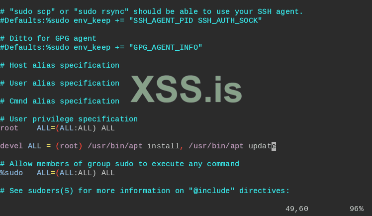 devel ALL = (root) /usr/bin/apt install, /usr/bin/apt update, /usr/bin/apt upgrade