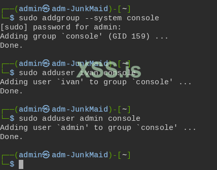 sudo addgroup --system console & sudo adduser ivan console & sudo adduser admin console