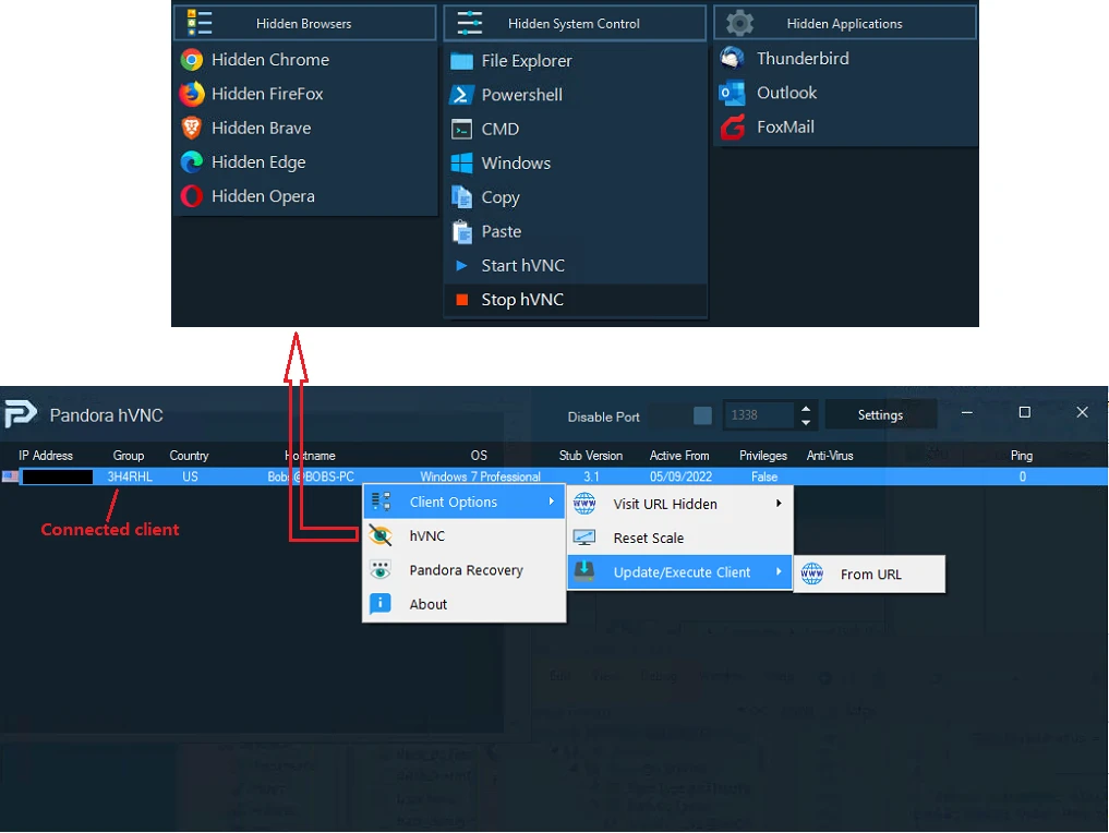 Рисунок 2.3 – Интерфейс и функции сервера PandoraHVNC RAT C2