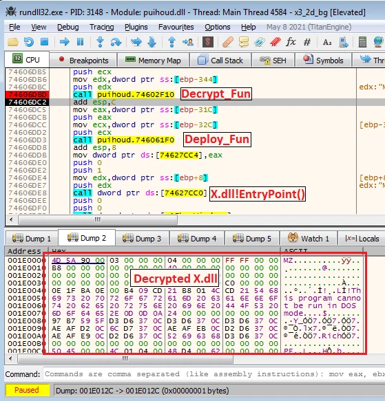 Рисунок 3.1 – Функция расшифровки и расшифрованная X.dll