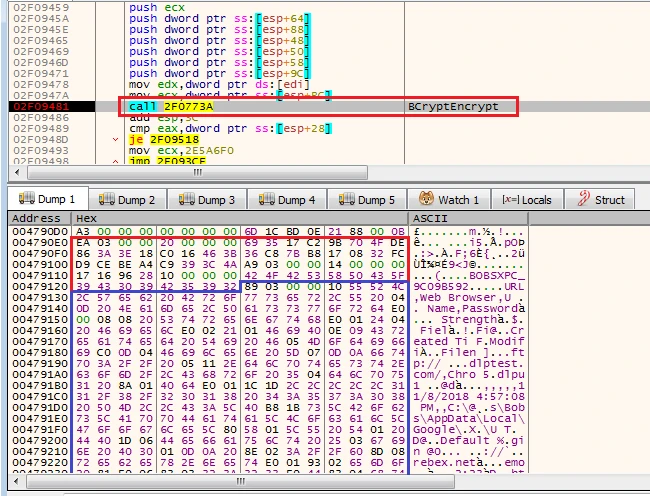 Скриншот вызова BCryptEncrypt() для шифрования украденных данных