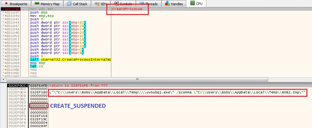 Снимок экрана: Call API CreateProcessW() для создания приостановленного процесса