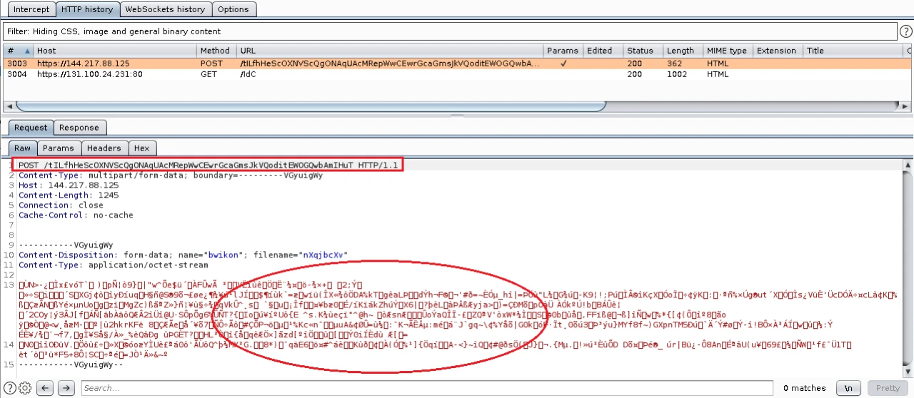 Скриншот отображения захваченного пакета на сервер C2 с зашифрованными данными