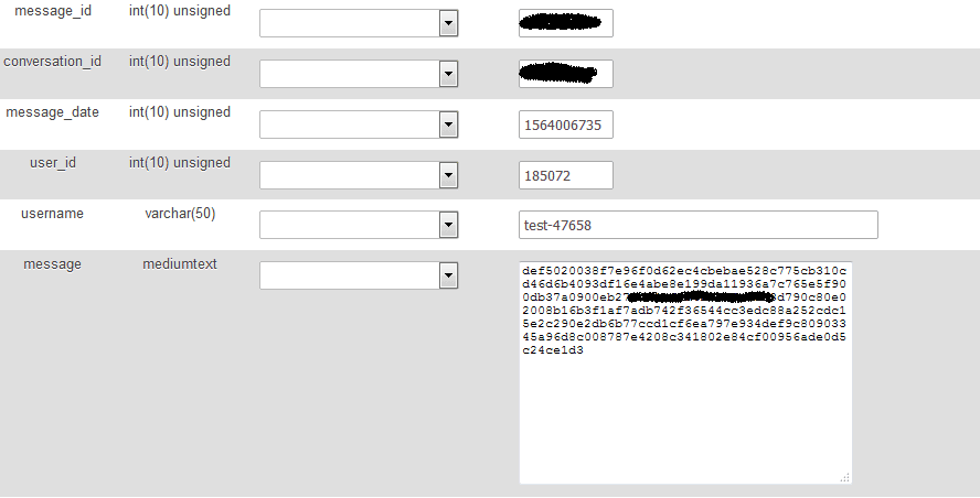 Encrypted message in database