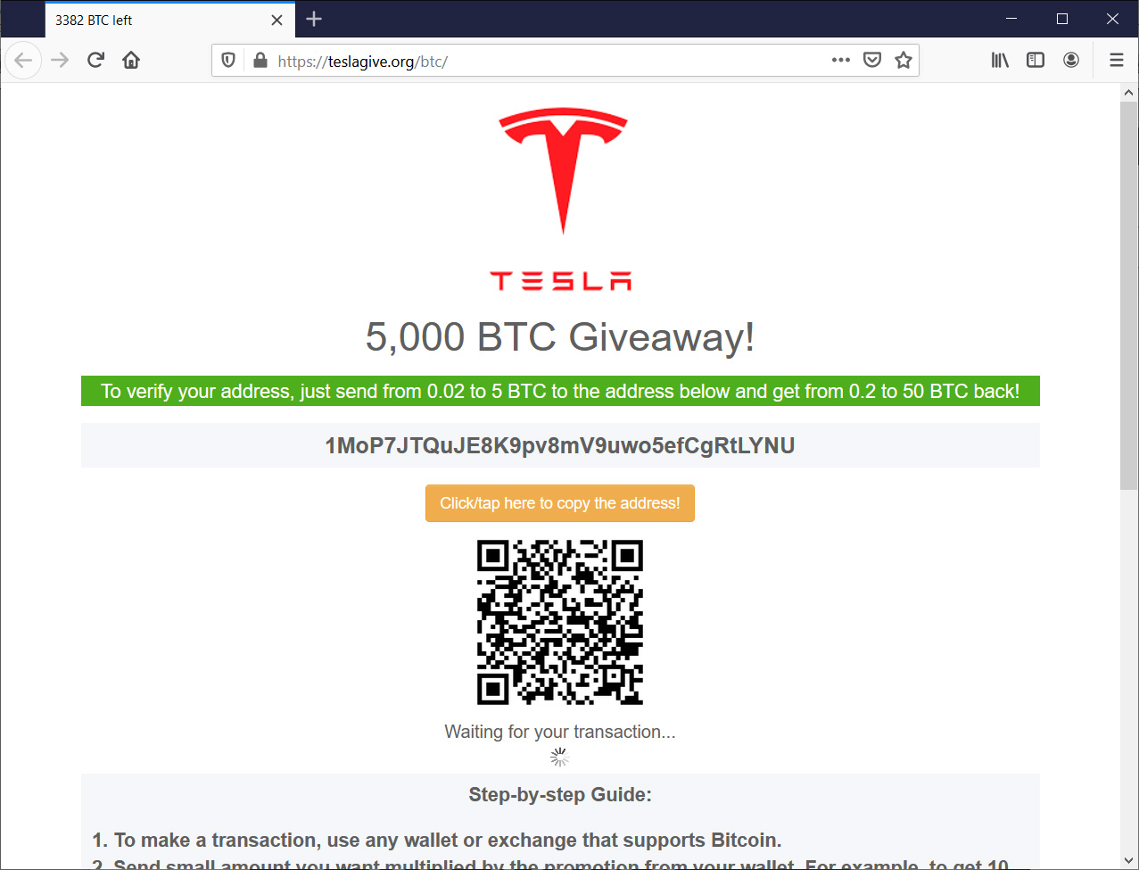 Fake Tesla giveaway landing page